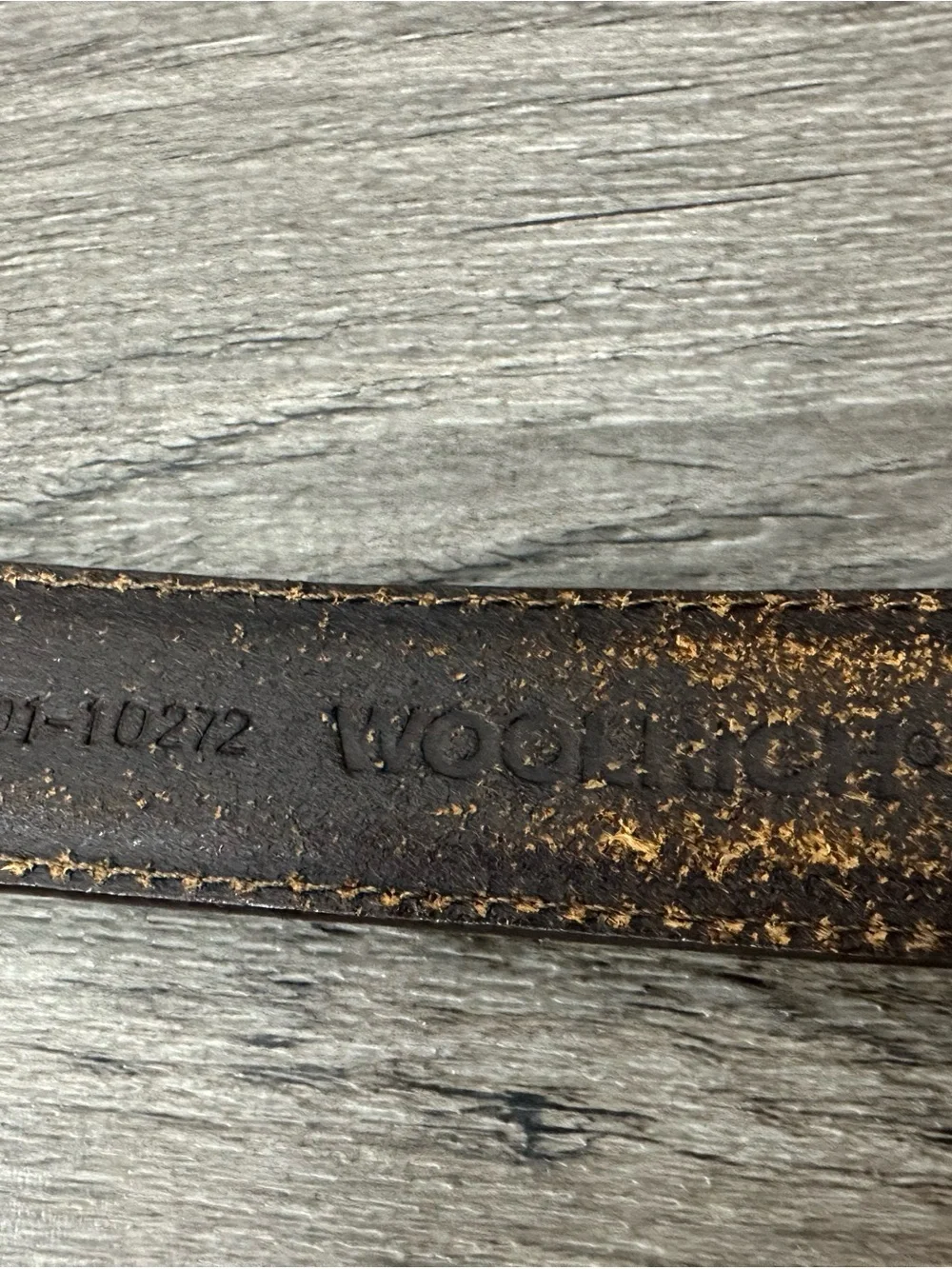 Vintage Woolrich Brown Leather Belt with Blue Geometric Inlay brass buckle